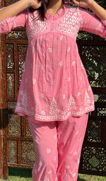 将图像加载到图库查看器中, Rania Women's Lakhnavi Handcrafted Cotton Chikankari Short Kurta And Afghani pant Set - HONC0268714