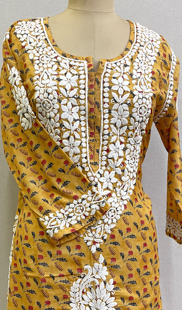 Yellow Women's Lucknowi Handcrafted Cotton Chikankari Kurti