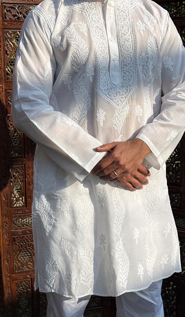 Men's Lucknowi Handcrafted Cotton Chikankari Kurta - HONC0215678
