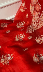 将图像加载到图库查看器中, Women's Lakhnavi Handcrafted Pure Organza Chikankari Unstitched Kurta And Dupatta Set- HONC0311711