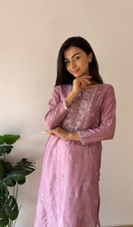 Load image into Gallery viewer, Women's Lucknowi Handcrafted Chanderi Silk Chikankari Kurti - HONC0357074