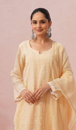Load image into Gallery viewer, Women's Lakhnavi Handcrafted Mul Chanderi Chikankari Stitched Kurta, Dupatta And Pant Set - HONC0457995