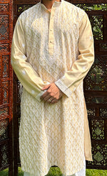 Load image into Gallery viewer, Men's Lucknowi Handcrafted Tissue Chanderi Chikankari Kurta - HONC0321236