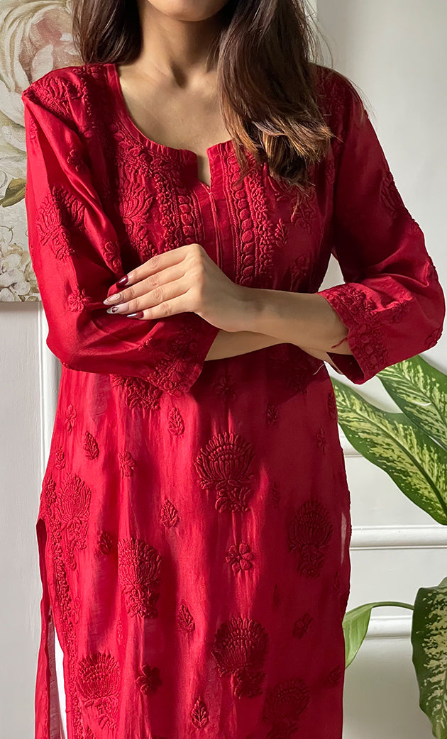 Sufi Women's Lucknowi Handcrafted Chanderi Silk Chikankari Kurti - HONC041952