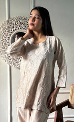Load image into Gallery viewer, Imara Women's Lakhnavi Handcrafted Chanderi Silk Chikankari Top And Pant Set - HONC0340437