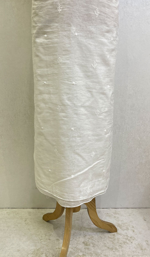 Lucknowi Handcrafted White Cotton Chikankari Unstitched Men's Kurta Fabric - HONC0146625