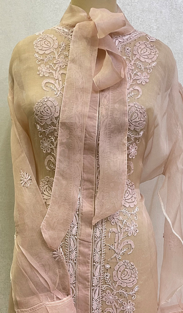 Women's Lakhnavi Handcrafted Bridal Pure Organza Silk  Chikankari Lehenga Set - HONC0294021