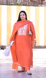 Load image into Gallery viewer, Jazba Women's Lakhnavi Handcrafted Mul Chanderi Chikankari Stitched Kurta, Dupatta And Pant Set - HONC04964656