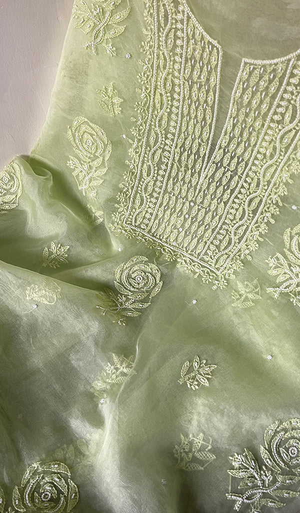 Women's Lakhnavi Handcrafted Organza Chikankari Unstitched Full Suit Material - HONC0271206