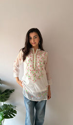 Load image into Gallery viewer, Sophia Women's Lakhnavi Handcrafted Mul Chanderi Chikankari Top - HONC0372855