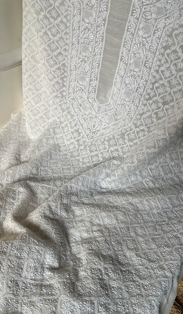 Lucknowi Handcrafted Pure Silk Georgette Chikankari Unstitched Men's Kurta Fabric - HONC026904