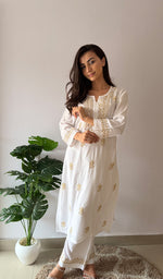 Load image into Gallery viewer, Women's Lakhnavi Handcrafted Modal Cotton Chikankari Kurti And Palazzo Set - HONC0378678