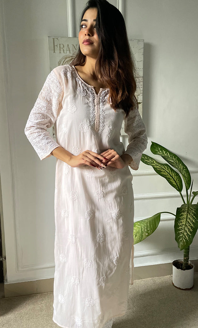 Women's Lucknowi Handcrafted Cotton Chikankari Long Kurti - HONC0303588