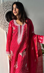 Load image into Gallery viewer, Women's Lakhnavi Handcrafted Mul Chanderi Chikankari Stitched Kurta, Dupatta And Pant Set - HONC0314455