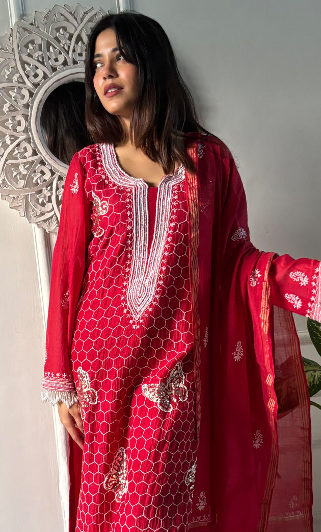 Women's Lakhnavi Handcrafted Mul Chanderi Chikankari Stitched Kurta, Dupatta And Pant Set - HONC0314455