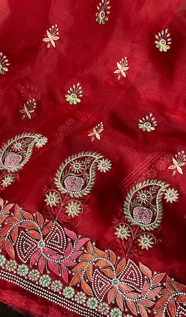 Women's Lakhnavi Handcrafted Pure Organza Chikankari Unstitched Kurta And Dupatta Set- HONC0272164