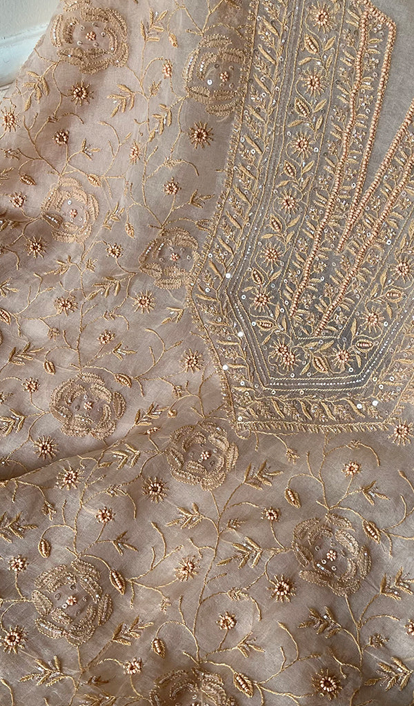 Women's Lakhnavi Handcrafted Pure Organza Chikankari Unstitched Kurta And Dupatta Set- HONC0267058