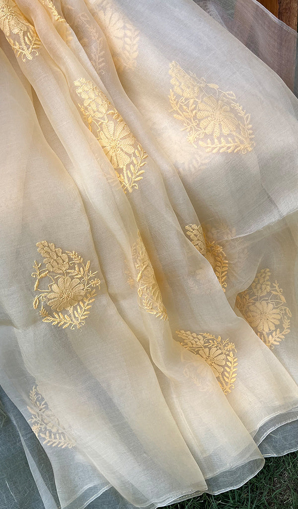 Women's Lucknowi Handcrafted Pure Organza Silk Chikankari SAREE - HONC0228639