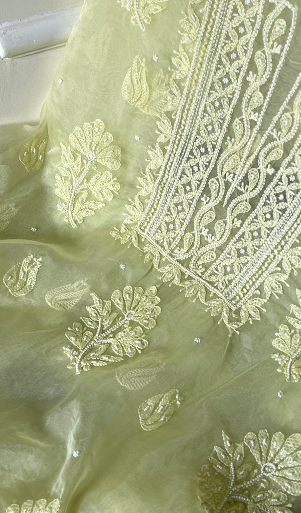 Women's Lakhnavi Handcrafted Organza Chikankari Unstitched Full Suit Material - HONC0271221