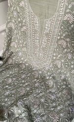 将图像加载到图库查看器中, Women's Lakhnavi Handcrafted Munga Silk Chikankari Unstitched Kurti Fabric - HONC0316122