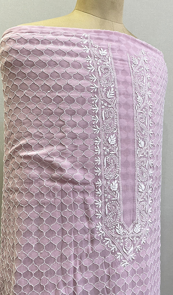 Lucknowi Handcrafted Pure Georgette Chikankari Unstitched Men's Kurta Fabric - HONC0134830