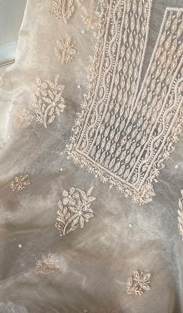 Women's Lakhnavi Handcrafted Organza Chikankari Unstitched Full Suit Material - HONC0271219