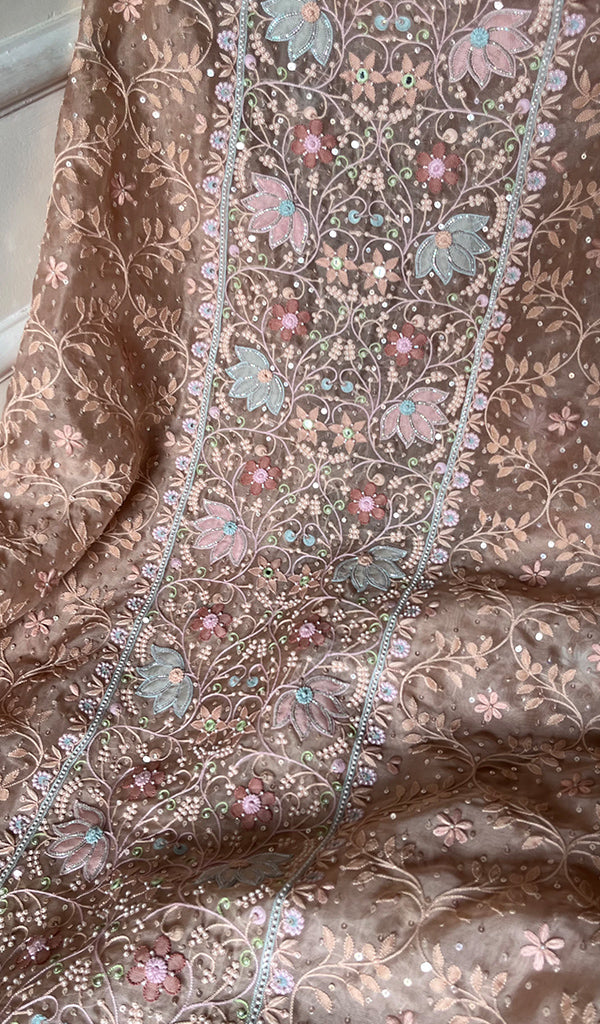 Women's Lucknowi Handcrafted Pure Organza Silk Chikankari Kurta Dupatta Set - HONC0274457