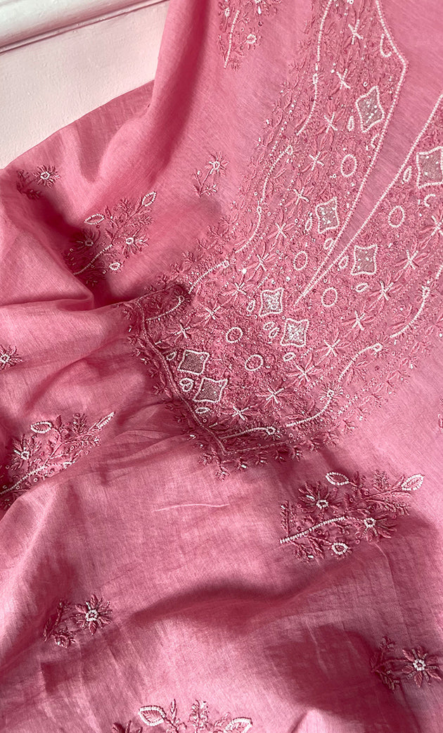 Women's Lakhnavi Handcrafted Mul Chanderi Unstitched Chikankari Full Suit Material - HONC0314657