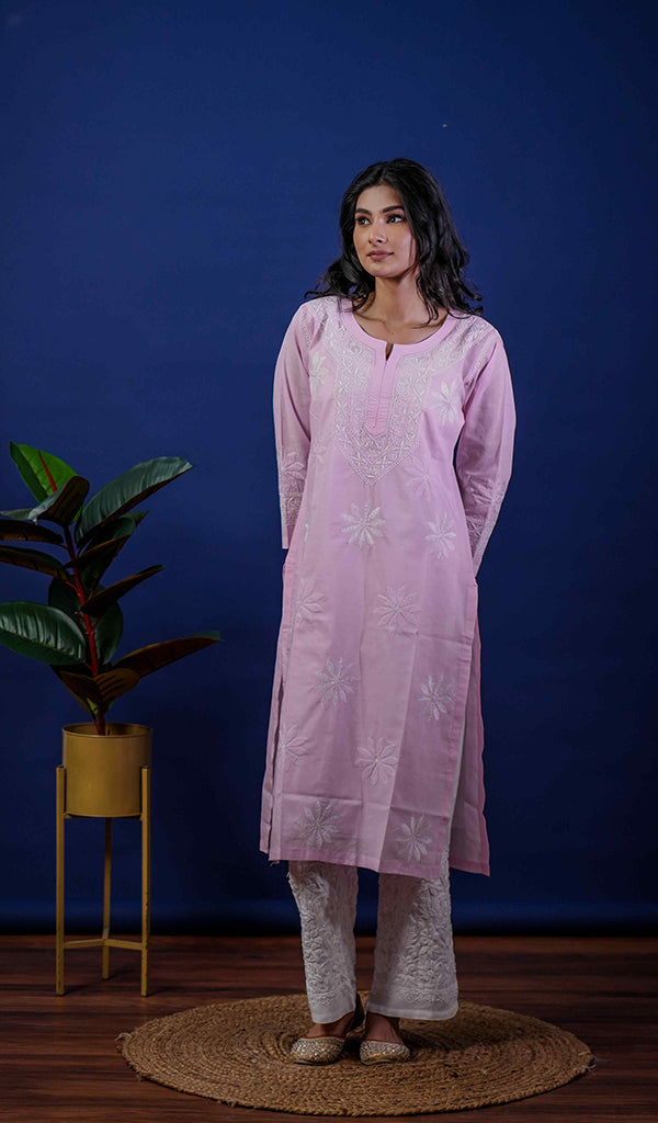 Pink Women's Lucknowi Handcrafted Cotton Chikankari Kurti
