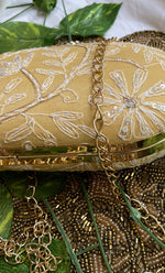 Load image into Gallery viewer, Golden Chikankari Embroidered Clutch with Stone Knob - HONC0263122