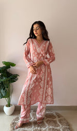 将图像加载到图库查看器中, Women's Lucknowi Handcrafted Mul Chanderi Stitched Chikankari Kurta And Plazzo Set- HONC0378817