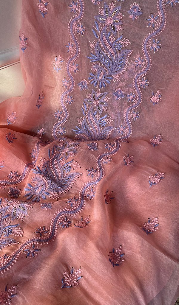 Women's Lakhnavi Handcrafted Organza Chikankari Unstitched Kurti Fabric - HONC071643