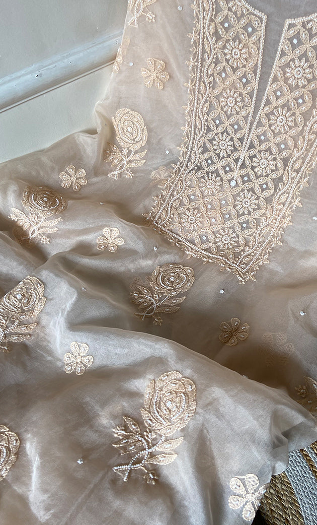 Women's Lakhnavi Handcrafted Organza Chikankari Unstitched Full Suit Material - HONC0271202