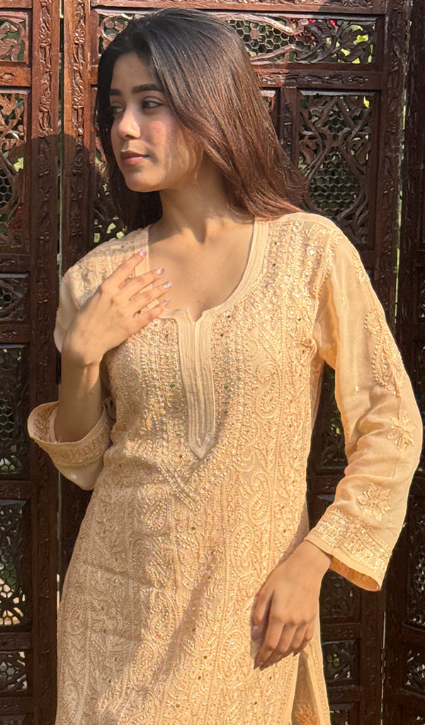 Women's Lakhnavi Handcrafted Viscose Georgette Unstitched Chikankari Full Suit Material - HONC0319629