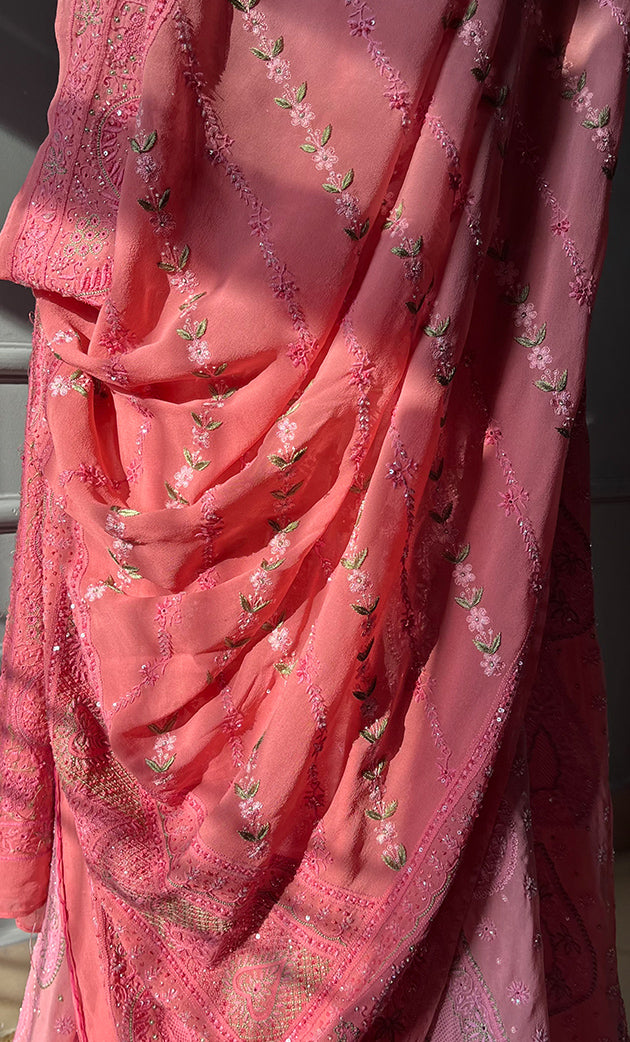 Women's Lakhnavi Handcrafted Bridal Pure Silk Georgette Chikankari Lehenga Set - HONC0269069