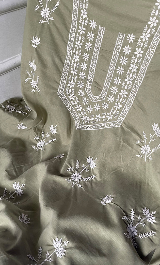 Women's Lakhnavi Handcrafted Unstitched Cotton Chikankari Suit Material - HONC0317004