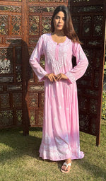 Load image into Gallery viewer, Women's Lucknowi Handcrafted Modal Cotton Chikankari Anarkali Dress - HONC0230992
