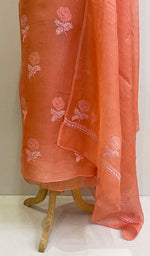 Load image into Gallery viewer, Rose Women's Lakhnavi Handcrafted Pure Organza Chikankari Unstitched Kurta And Dupatta Set- HONC0174063