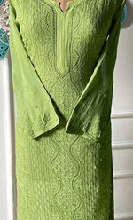 将图像加载到图库查看器中, Yusra Women's Lakhnavi Handcrafted Viscose Georgette Chikankari Kurti- HONC03338130