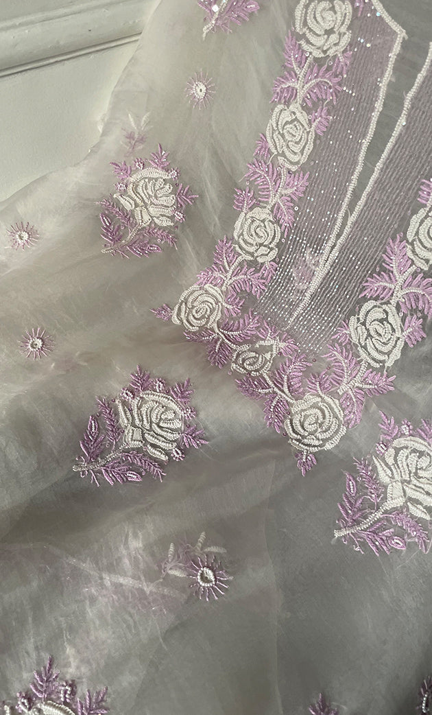 Rose Women's Lakhnavi Handcrafted Pure Organza Chikankari Unstitched Kurta And Dupatta Set- HONC0305186