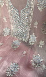 Load image into Gallery viewer, Women's Lakhnavi Handcrafted Pure Organza Chikankari Unstitched Kurta And Dupatta Set- HONC0307952