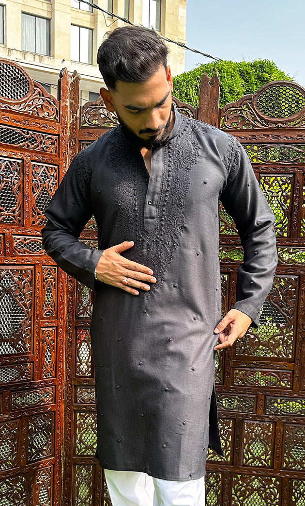 Men's Lucknowi Handcrafted Cotton Chikankari Kurta - HONC02606620