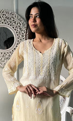 Load image into Gallery viewer, Women's Lucknowi Handcrafted Mul Chanderi Chikankari Kurti - HONC0329122