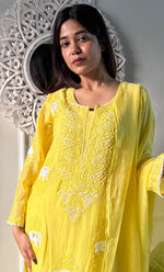 Load image into Gallery viewer, Women's Lakhnavi Handcrafted Mul Chanderi Chikankari Stitched Kurta, Dupatta And Pant Set - HONC0295595