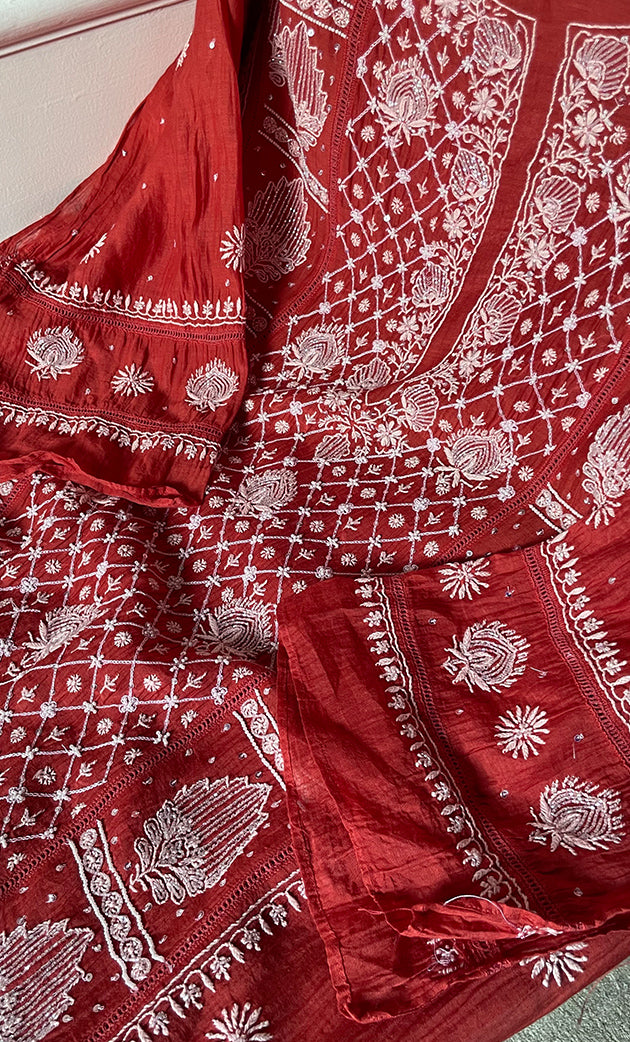 Women's Lakhnavi Handcrafted Mul Chanderi Semi - Stitched Kurta And Dupatta Set - HONC0282233