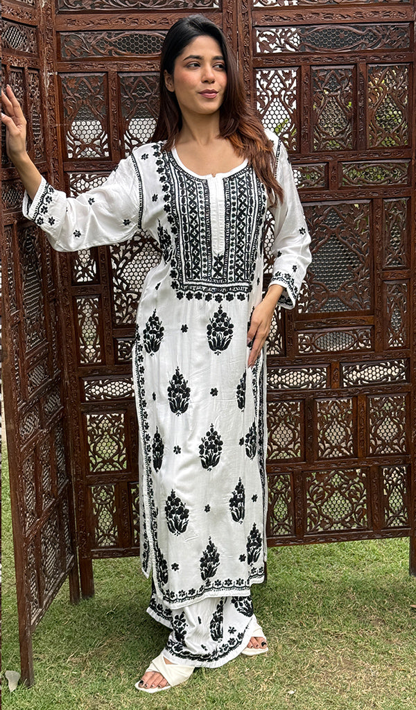 Shifa Women's Lakhnavi Handcrafted Modal Cotton Chikankari Kurta And Palazzo Set - HONC0205167