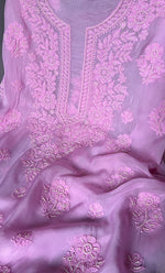 Load image into Gallery viewer, Women's Lakhnavi Handcrafted Organza Chikankari Unstitched Kurti Fabric - HONC0307143