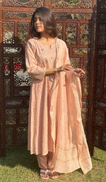 Load image into Gallery viewer, Fauzia Women's Lucknowi Handcrafted Mul Chanderi  Stitched Chikankari Kurta, Dupatta With Pant Set- HONC0241997