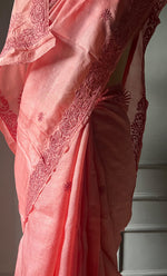 Load image into Gallery viewer, Women's Lakhnavi Handcrafted Tussar Silk Chikankari Saree - HONC0307372