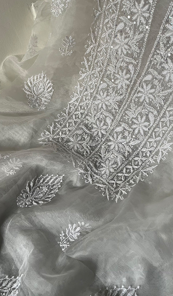 Women's Lakhnavi Handcrafted Organza Chikankari Unstitched Kurta And Dupatta Set- HONC0249868